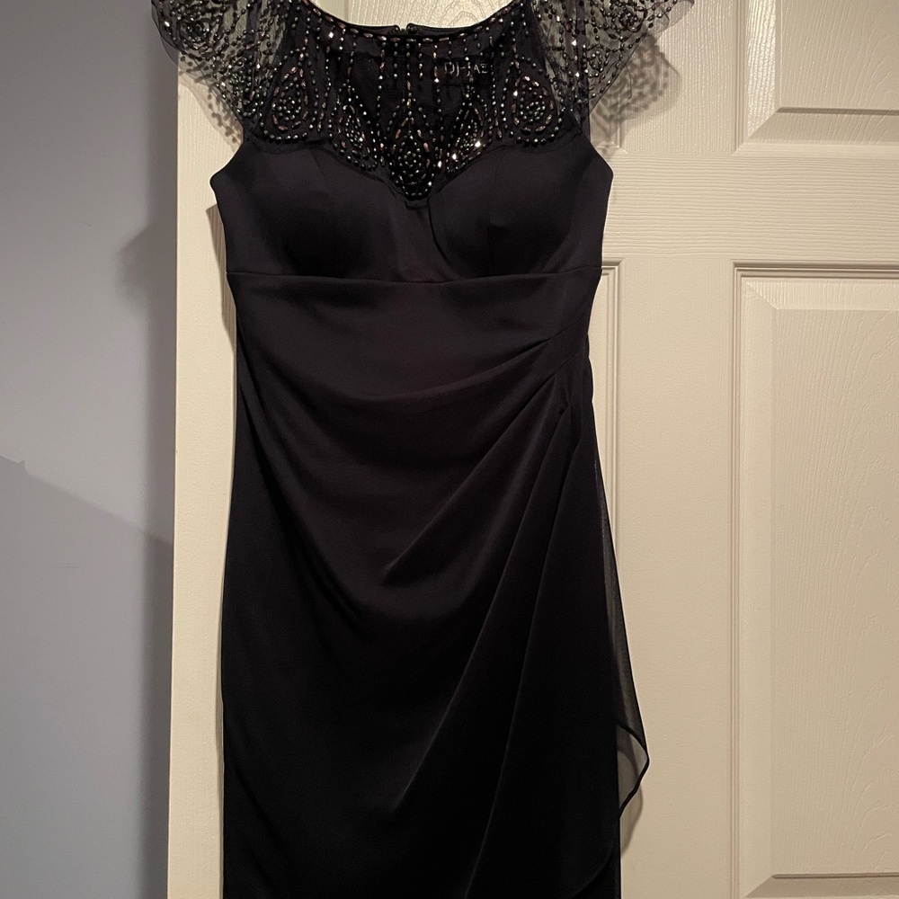 Elegant NAVY BLUE- Beaded Illusion Neck Dress